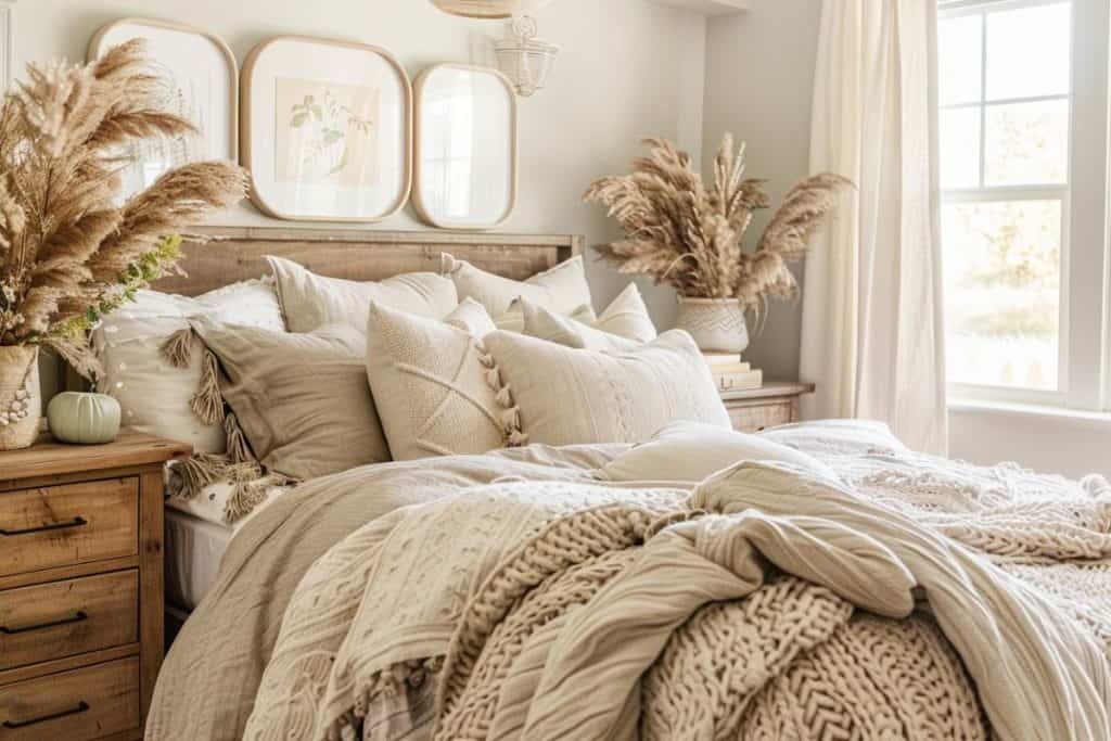 Fall bedroom with a rustic wooden headboard, layered beige bedding, cozy knit blankets, and pampas grass in vases for autumn decor.