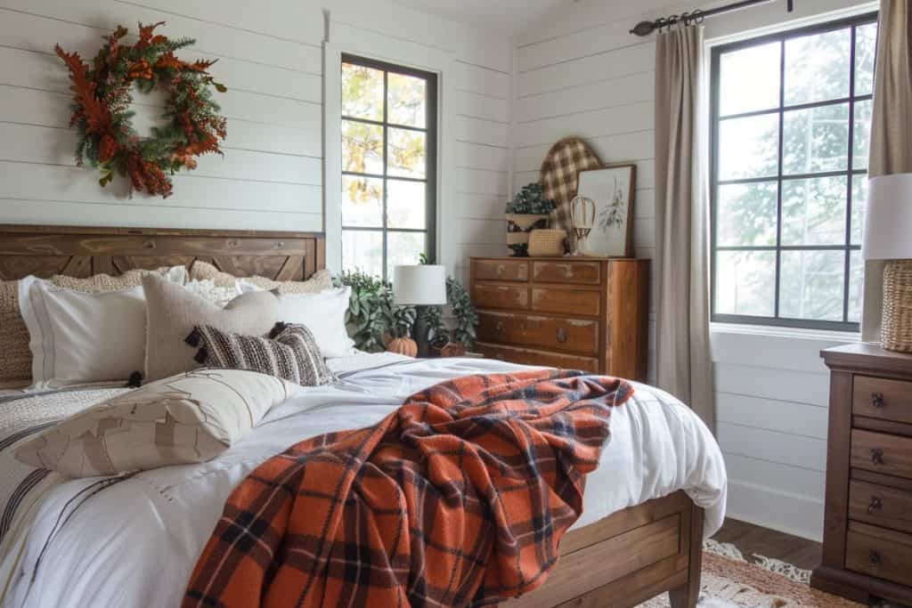 Rustic fall bedroom with a wooden bed frame, white and beige bedding, an orange plaid blanket, and a decorative autumn wreath on the wall.