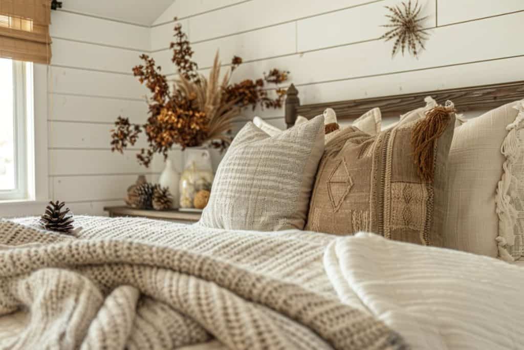 Fall bedroom with textured pillows, a cozy knit blanket, and autumn decorations including pine cones and dried flowers in vases.