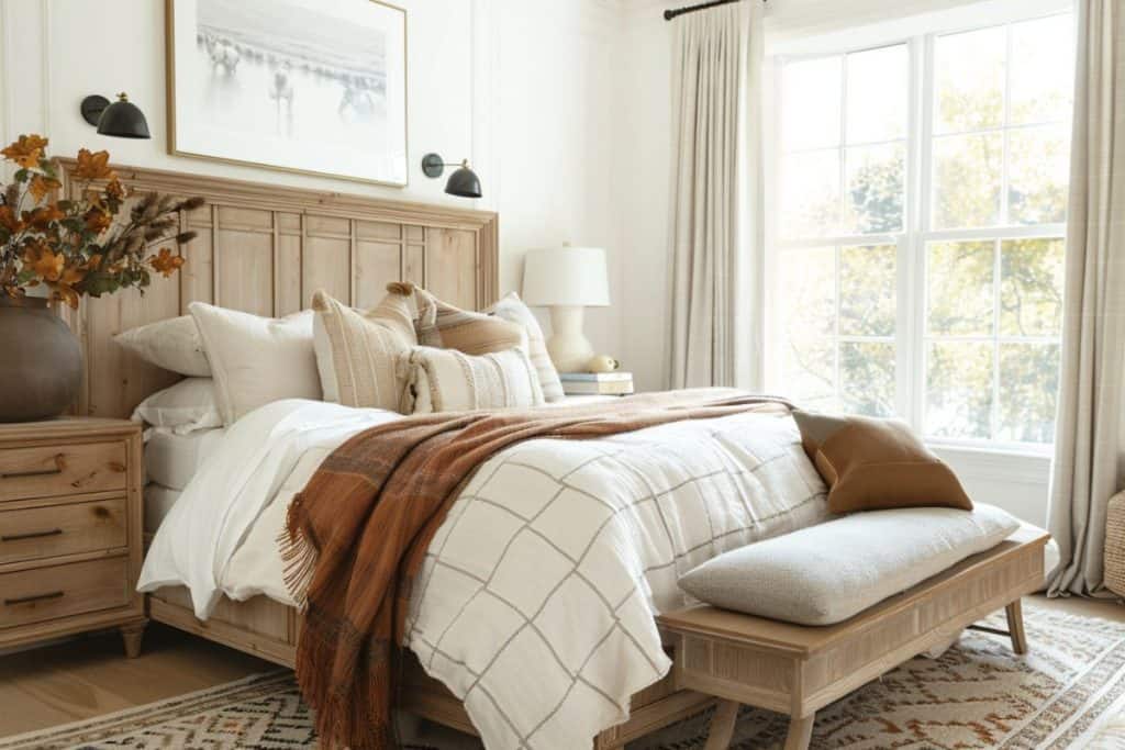 Bright fall bedroom with a wooden headboard, plaid pillows, a warm brown throw, and autumn accents like dried flowers and a large window with a scenic view.
