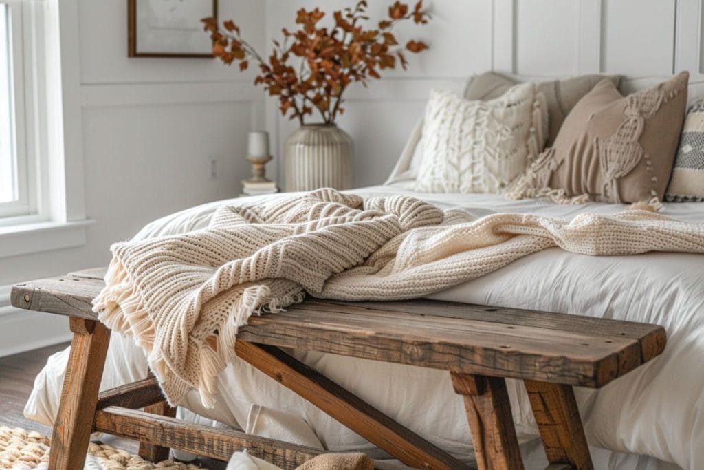 Rustic fall bedroom with white bedding, beige and brown pillows, a cozy knit blanket, and autumn decorations like a wooden bench and dried foliage.