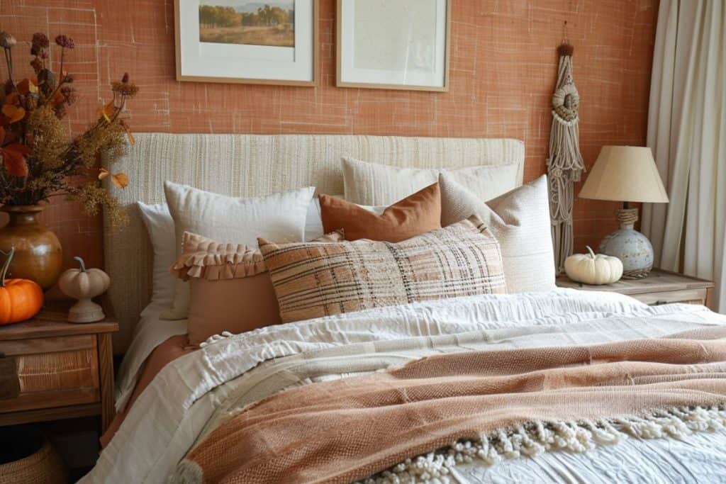 Warm-toned fall bedroom with a beige headboard, layered pillows in various textures, an orange throw, and autumn decor including pumpkins and dried flowers against a rustic orange wall.