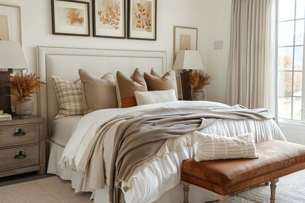 Elegant fall bedroom with a beige headboard, neutral bedding, brown and beige throw pillows, a rustic bench, and dried autumn foliage in vases on wooden nightstands.