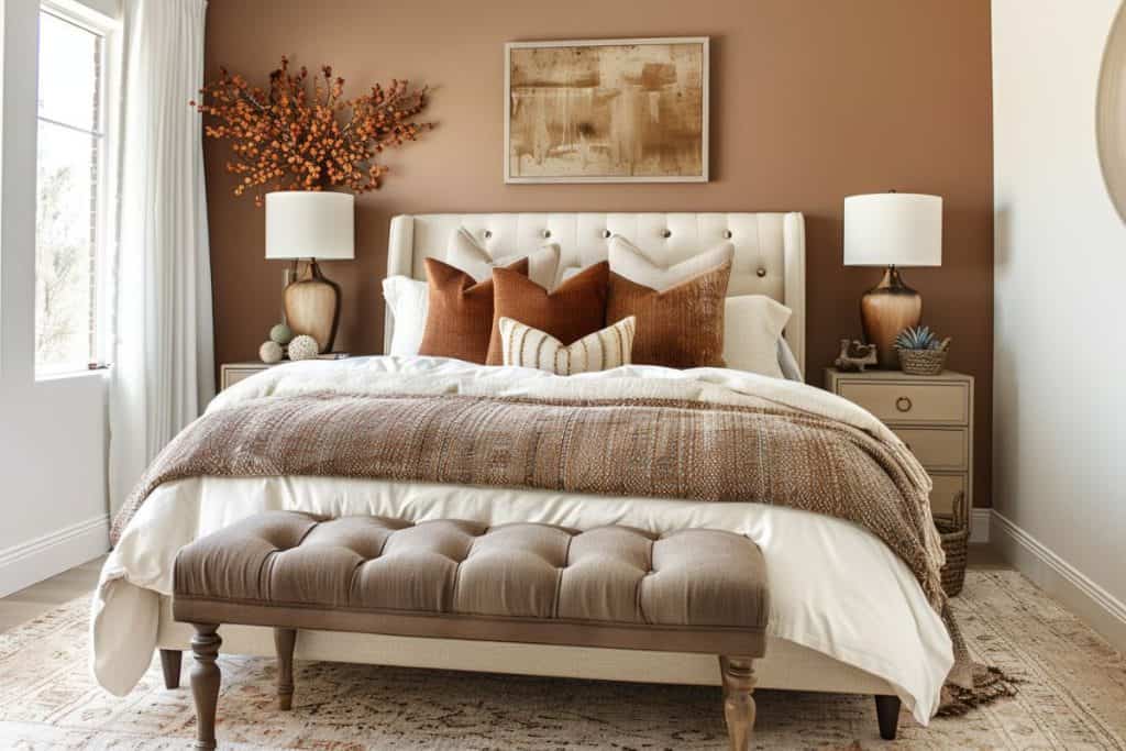 Modern fall bedroom with a beige tufted headboard, layered bedding in brown and cream tones, a bench at the foot of the bed, and autumn decor including a large branch with orange berries.