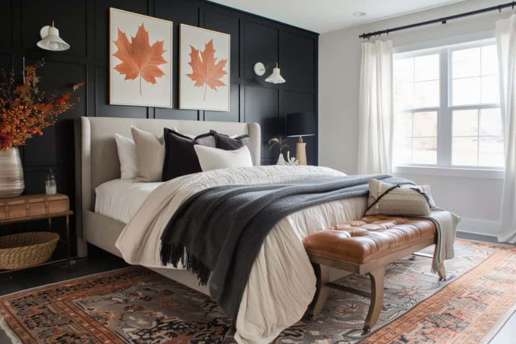 Contemporary fall bedroom with a gray upholstered bed, white and dark gray bedding, a leather bench, and autumnal decor like dried flowers and framed leaf prints.