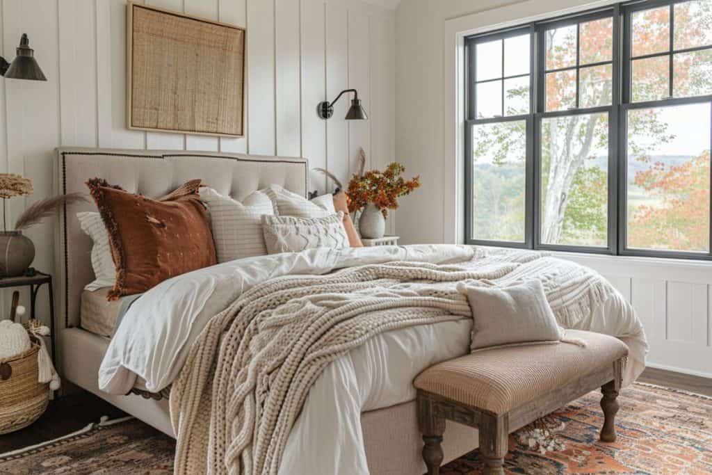 Inviting fall bedroom with a light-colored bed, warm-toned throw pillows, a large window with a scenic view, and autumn decor including dried flowers and a woven basket.