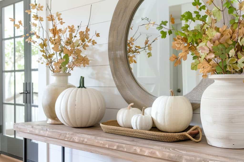 Entryway table decorated with white pumpkins, a large circular mirror, and vases filled with fall foliage.