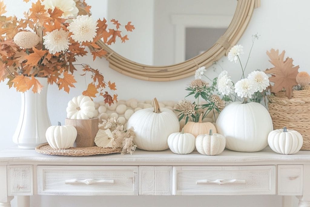 Decorative table with white and cream pumpkins, a vase with orange and white flowers, and a woven basket, all set for fall.