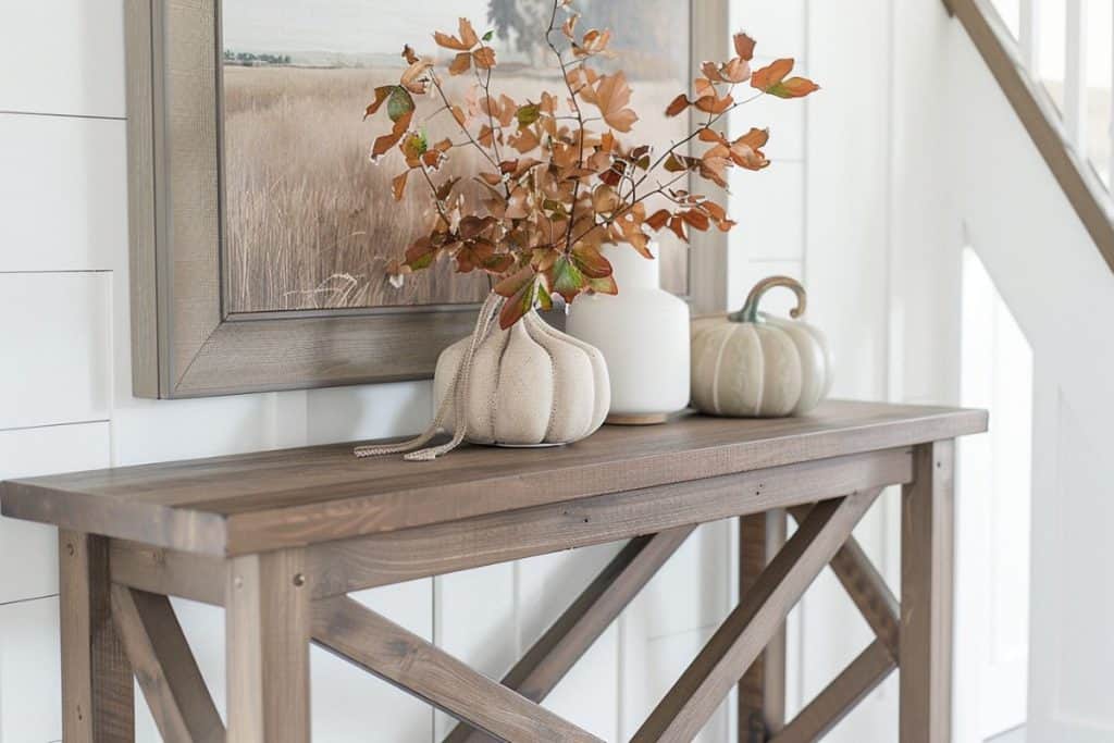 Rustic wooden console table with a pumpkin-shaped vase holding autumn leaves, a small white candle, and a ceramic pumpkin.