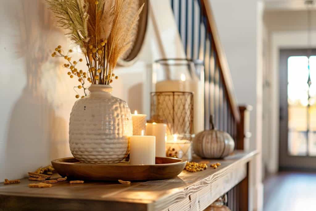 Entryway table adorned with a textured ceramic vase, dried flowers, lit candles, and a small pumpkin, creating a warm autumn ambiance.