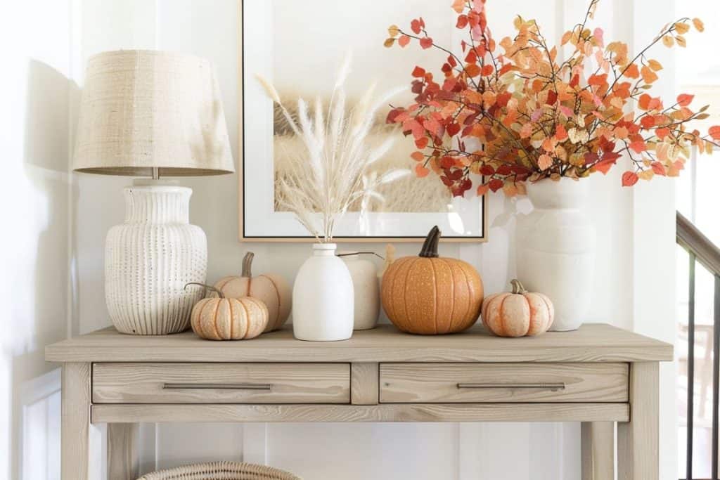 Entryway table featuring a mix of orange and white pumpkins, a neutral-colored lamp, and vases with fall floral arrangements.