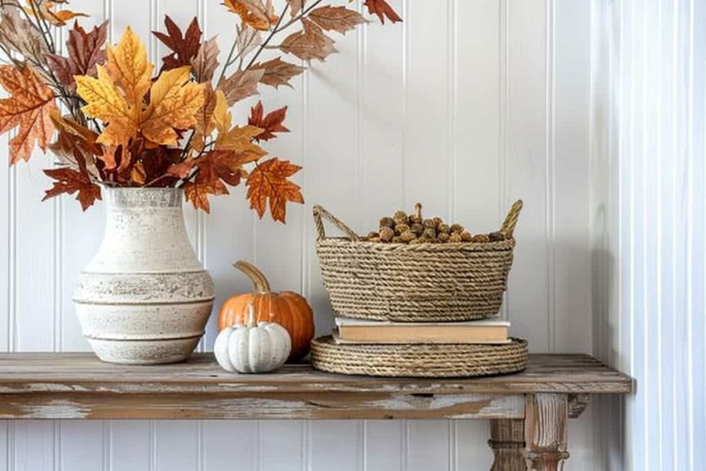 Table decorated with an orange pumpkin, a white pumpkin, a vase with autumn leaves, and a woven basket filled with acorns.