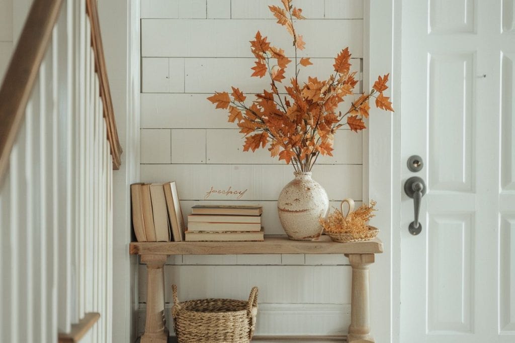 Entryway table styled with books, a large vase of fall leaves, and a small woven basket, giving a cozy fall feel.