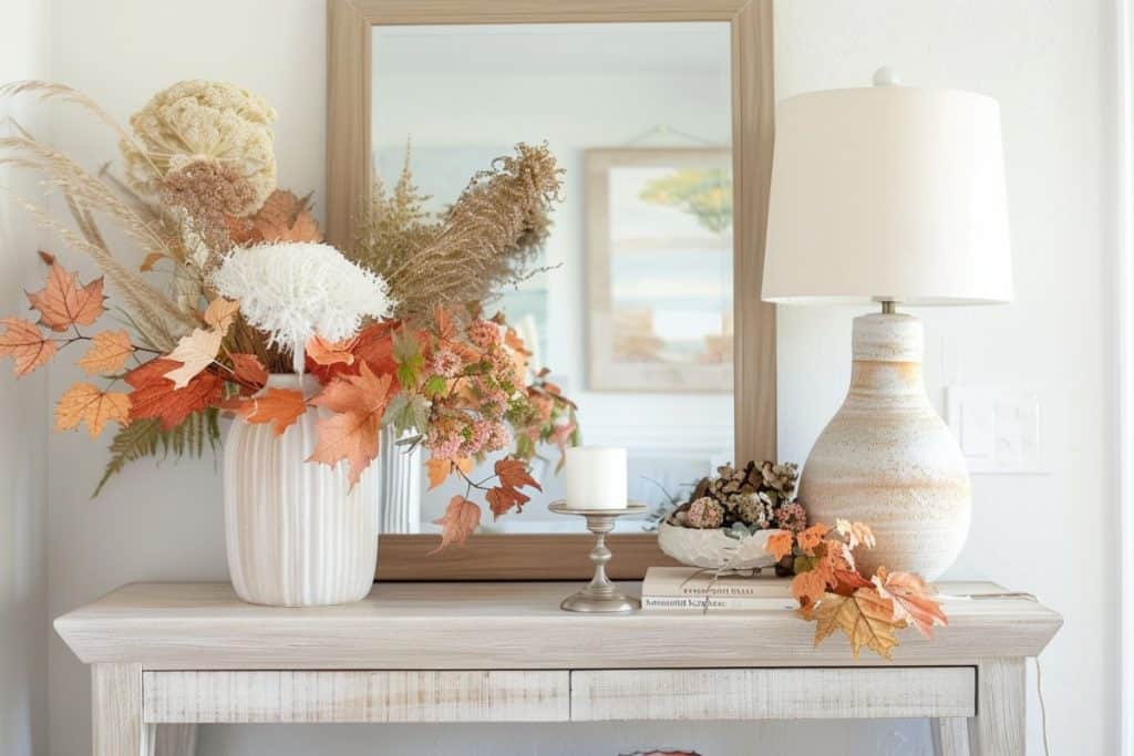 Entryway table with a large mirror, a vase of dried flowers, a small candle, and a lamp, capturing an autumn theme.