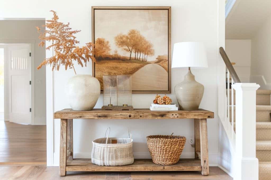 Rustic table displaying a painting, large ceramic vases, a basket, and a lamp, all with a fall decor theme.