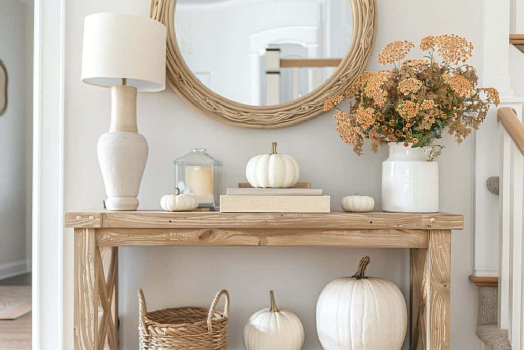 Entryway table with a circular mirror, white pumpkins, a basket, and a floral arrangement in autumn colors.