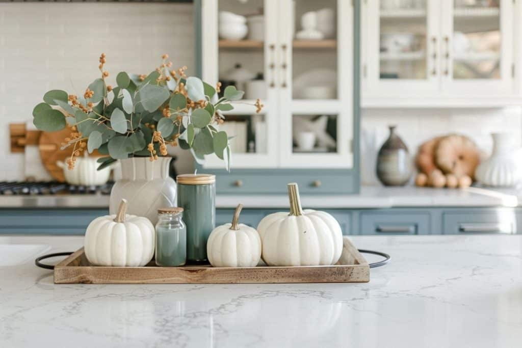 A kitchen island decorated for fall, featuring a wooden tray holding small white pumpkins, green candles, glass jars, and a vase with eucalyptus and orange berries. The background shows blue and white kitchen cabinets with fall decor accents, including more pumpkins and ceramic vases.