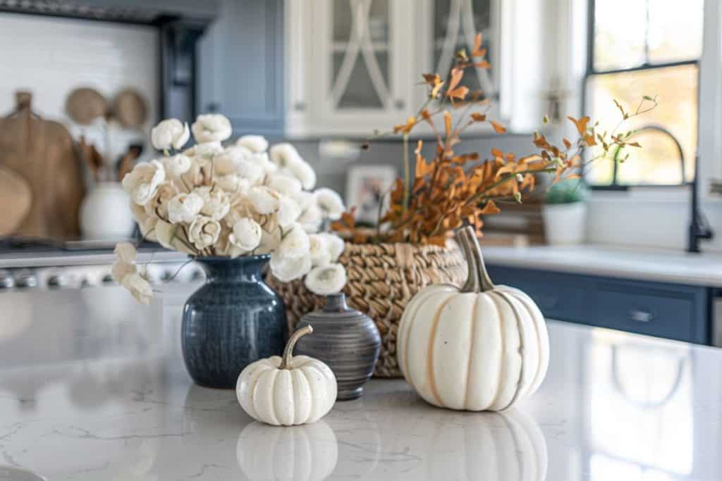 A kitchen display with vases of dried flowers and orange branches, along with white pumpkins, set against blue and white cabinetry for a contrasting fall decor.
