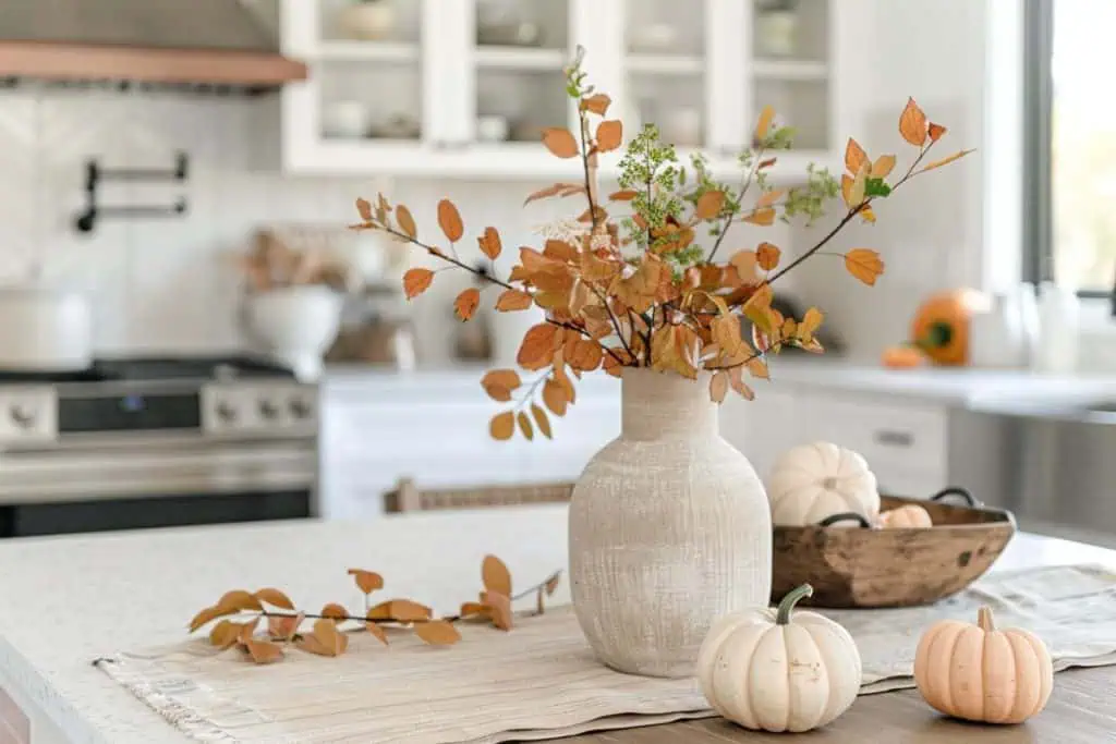 A fall-themed kitchen island features a large vase with autumn leaves and branches, surrounded by small white and orange pumpkins, creating a cozy and seasonal decoration. The background includes a modern kitchen setup with white cabinets and a stove.
