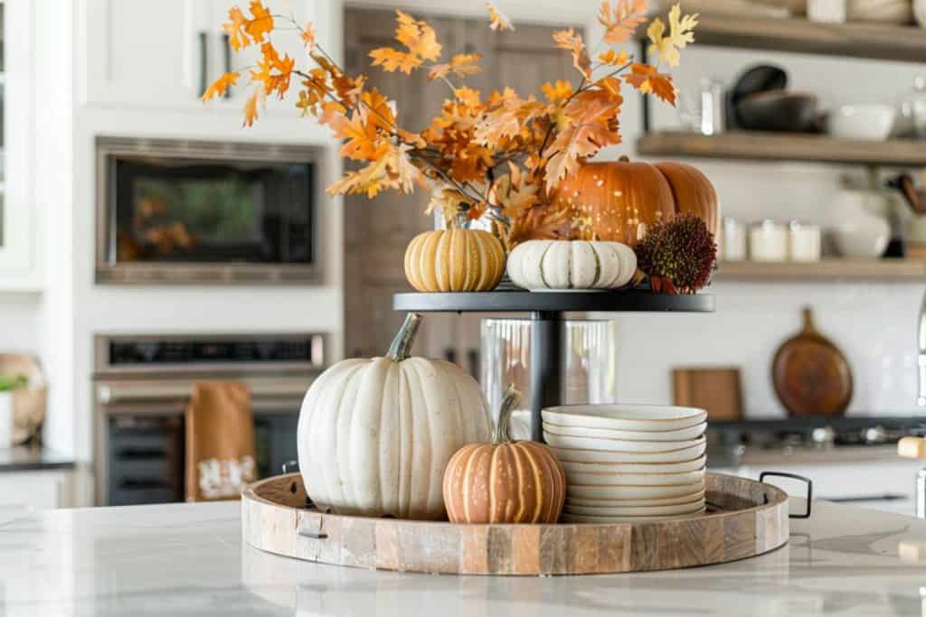 A kitchen countertop display with a variety of pumpkins, autumn leaves, and stacked bowls, creating a festive fall centerpiece.