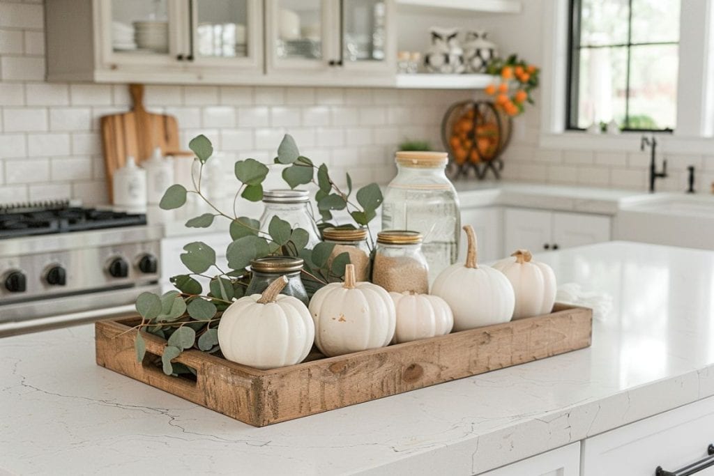 A wooden tray on a kitchen island holding small white pumpkins, glass jars, and eucalyptus branches, providing a minimalist fall decoration.