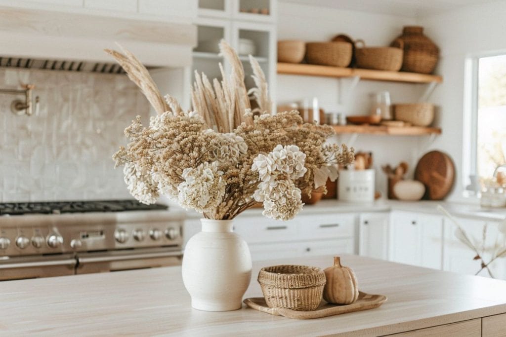 A kitchen island with a large vase of dried flowers and a woven basket next to a small pumpkin, contributing to a rustic fall theme.
