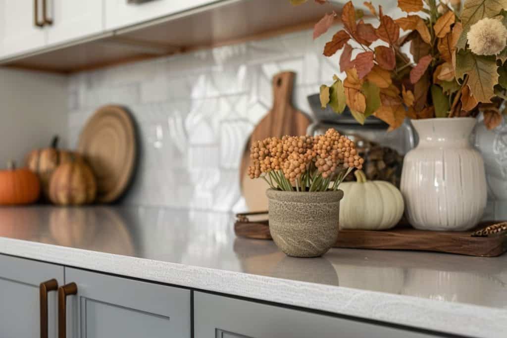 A countertop arrangement featuring a ceramic pot of orange berries, white pumpkins, and fall leaves in a vase, against a backdrop of wooden cutting boards.