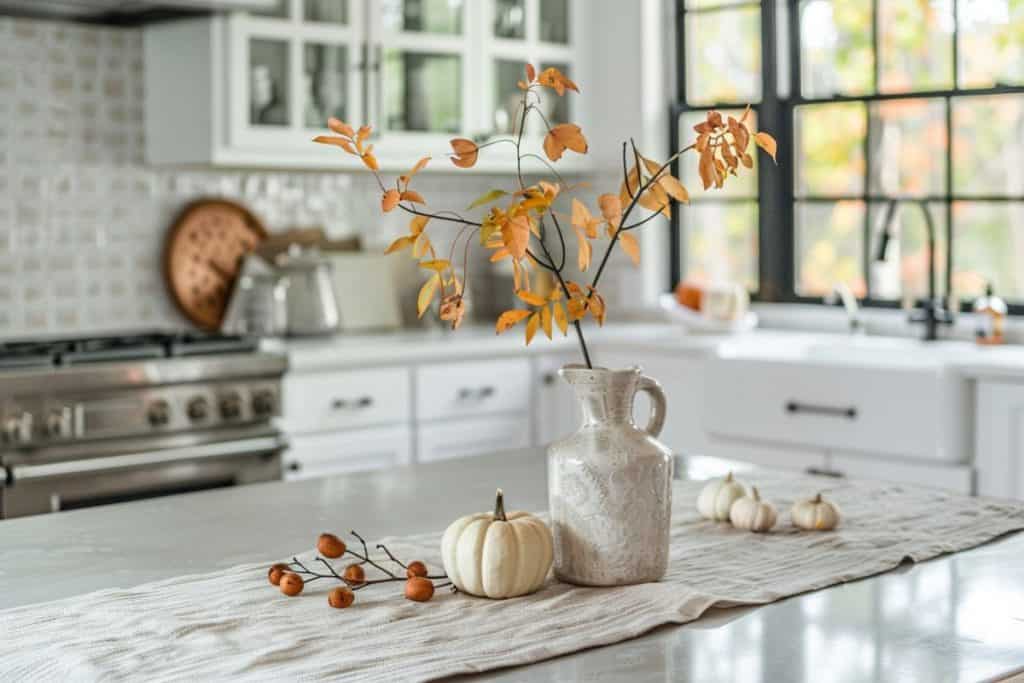 A light and airy kitchen with a vase of autumn leaves and white pumpkins on a countertop, complemented by natural light from the windows.