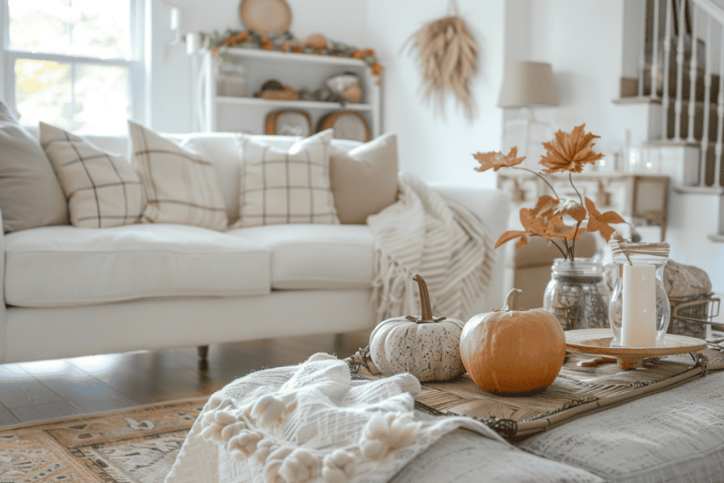 Cozy living room with a white sofa adorned with plaid and striped pillows, a coffee table decorated with pumpkins, a candle, and a vase with autumn leaves.