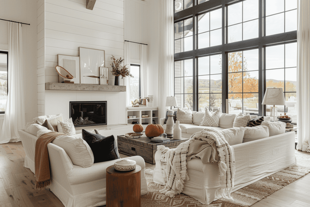 Living room with high ceilings, large black-framed windows, white sofas with various pillows, a wooden coffee table with pumpkins and a throw blanket, and a fireplace.