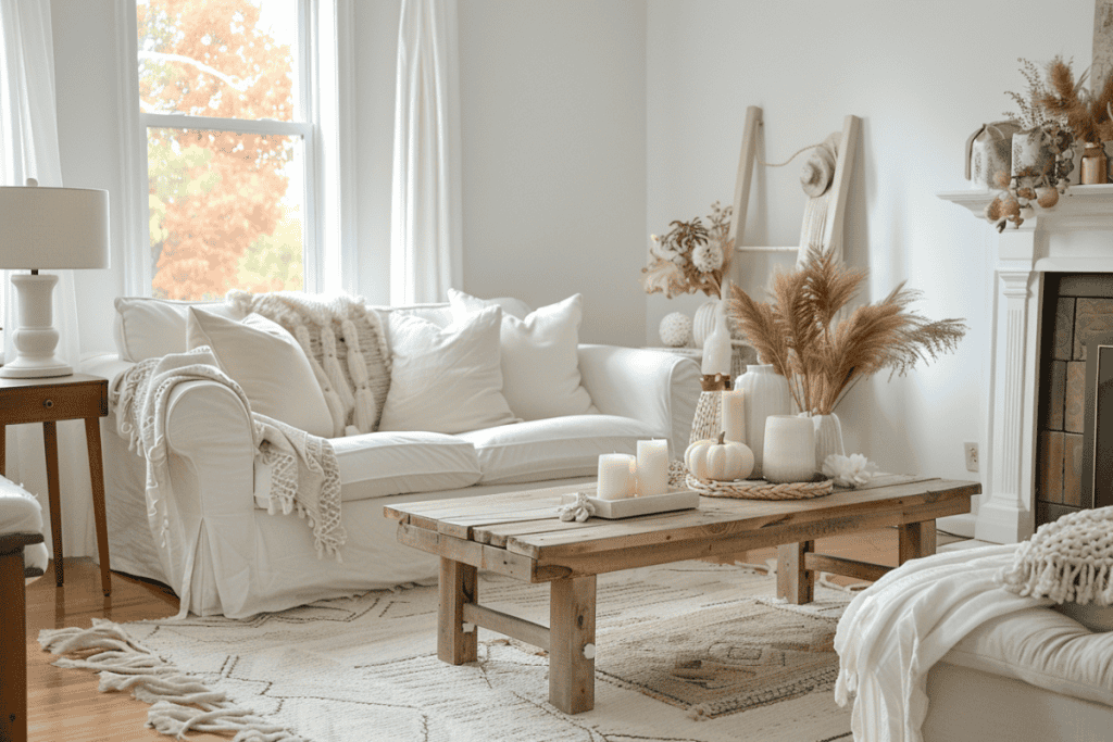 Bright living room featuring a white sofa with plush pillows and a blanket, a rustic wooden coffee table with candles and pumpkins, and a large window showcasing fall foliage.
