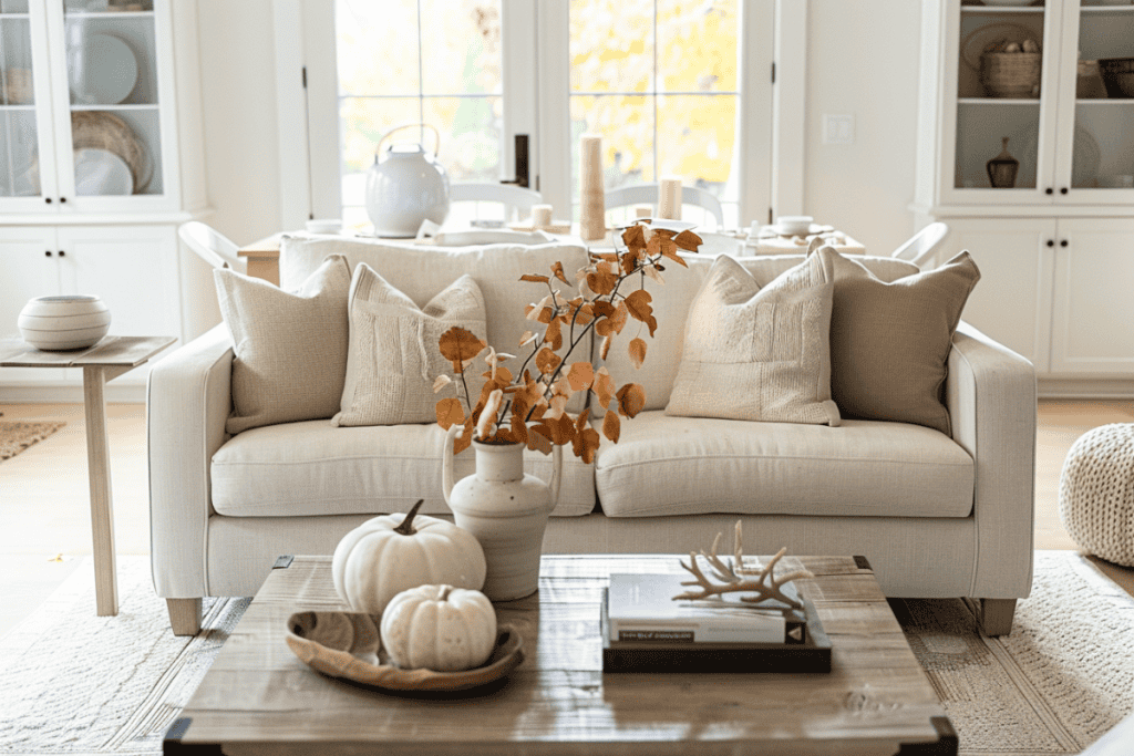 Living room with a beige sofa, neutral-toned pillows, a wooden coffee table with white pumpkins and a vase with orange autumn leaves, and a dining area in the background.