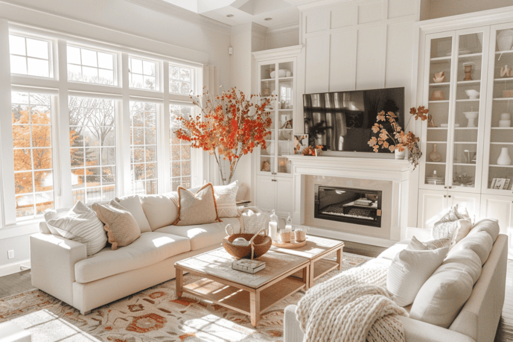Spacious living room with large windows, white sofas with patterned pillows, a wooden coffee table with pumpkins and candles, and a fireplace flanked by built-in shelves.