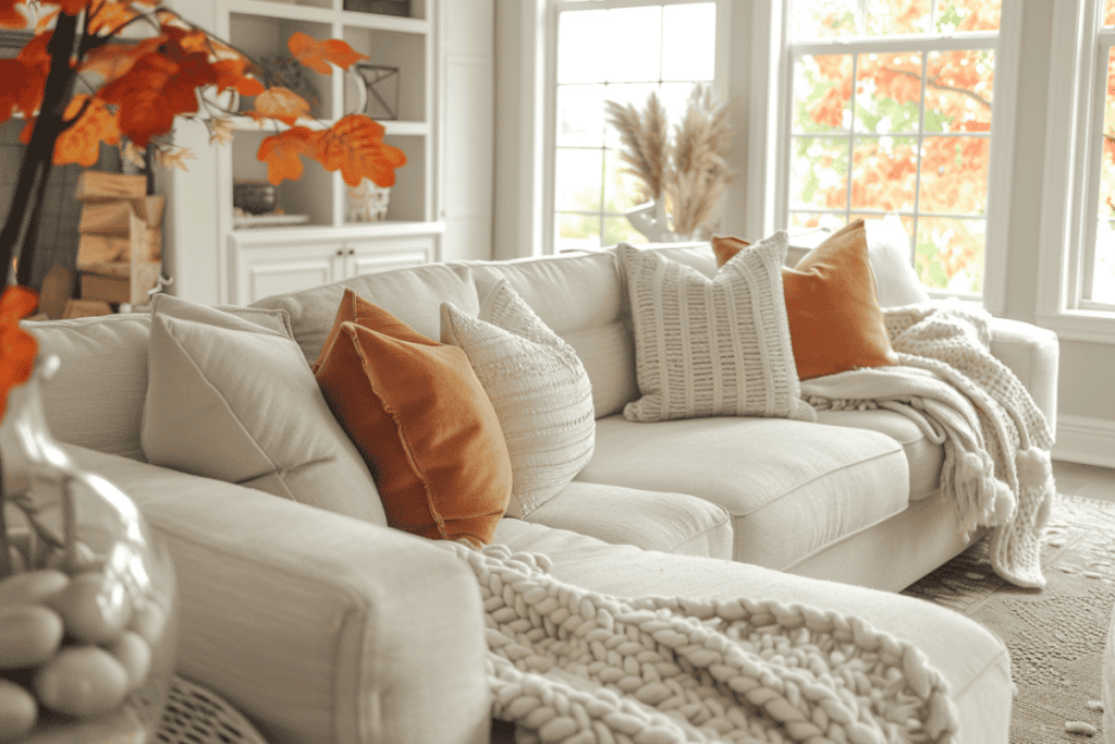 Modern living room with a white sectional sofa, orange and white pillows, a chunky knit blanket, and a coffee table with a vase of vibrant autumn leaves.