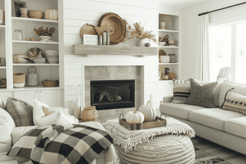 Living room featuring a shiplap fireplace with a mantel decorated with rustic wooden items, a cozy sofa with plaid throw blankets, and a woven pouf in front of the fireplace.