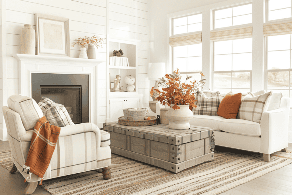 Bright, airy living room with a white sofa and armchair, a wooden trunk-style coffee table, and autumn-themed decorations including a vase with orange leaves and plaid pillows.