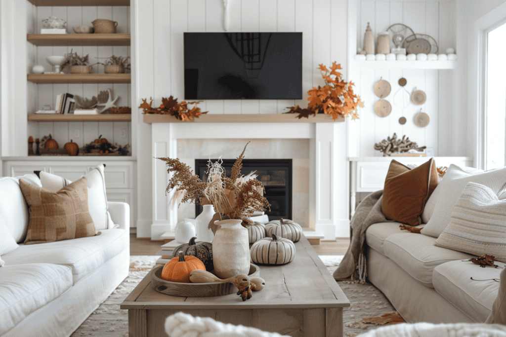 Living room with white sofas, a large coffee table adorned with pumpkins and autumn foliage, and a fireplace with a TV mounted above it, flanked by built-in shelves.