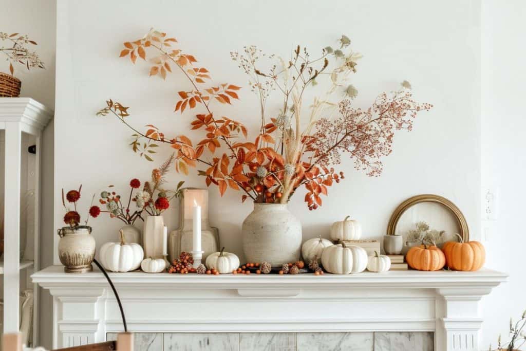 A white mantel decorated for fall with white and orange pumpkins, dried leaves, and various vases. The arrangement includes candles and small berries, creating a warm autumnal feel.