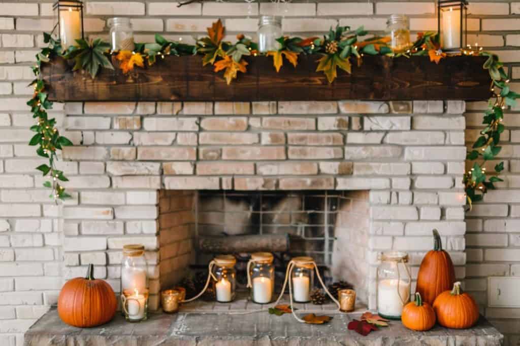 A mantel with white and orange pumpkins, green foliage, and small vases, set against a white shiplap backdrop. The decor is charming and perfectly captures the essence of fall.