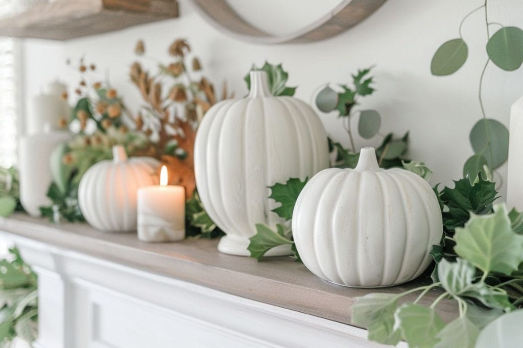 White pumpkins, green leaves, and a lit candle on a white mantle, evoking a serene and warm fall setting.