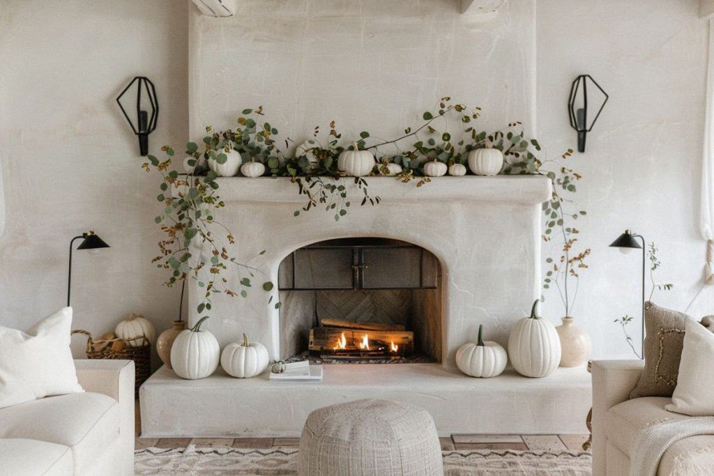A fireplace mantle adorned with white pumpkins, eucalyptus garlands, and soft greenery, creating a simple and inviting fall decor.