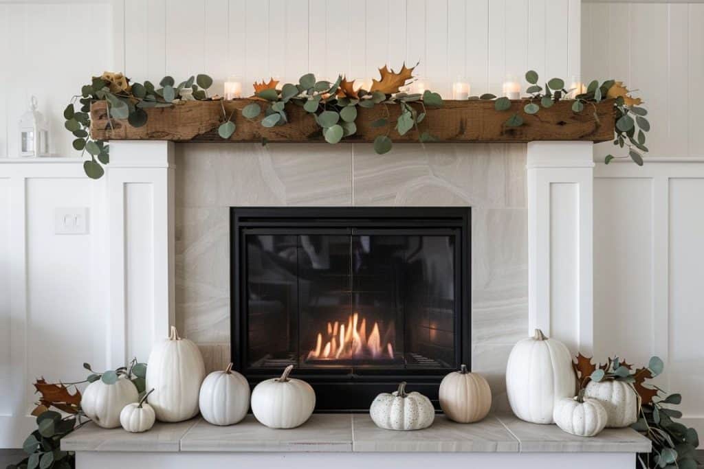 White pumpkins and eucalyptus branches on a wooden mantle with a lit fireplace below, giving a cozy and warm fall ambiance.
