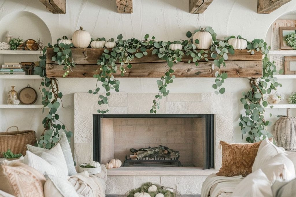 An ornate mantle with white pumpkins, eucalyptus leaves, and orange foliage, creating a bright and festive fall display.