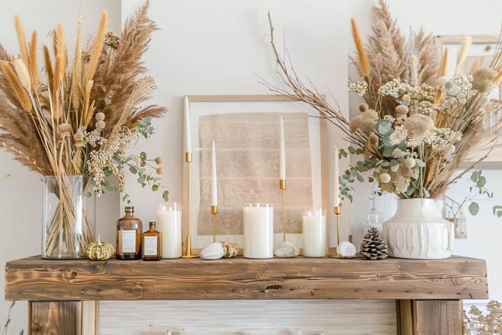 A wooden mantle adorned with white pumpkins, candles, and dried grasses, evoking a rustic and warm fall atmosphere.