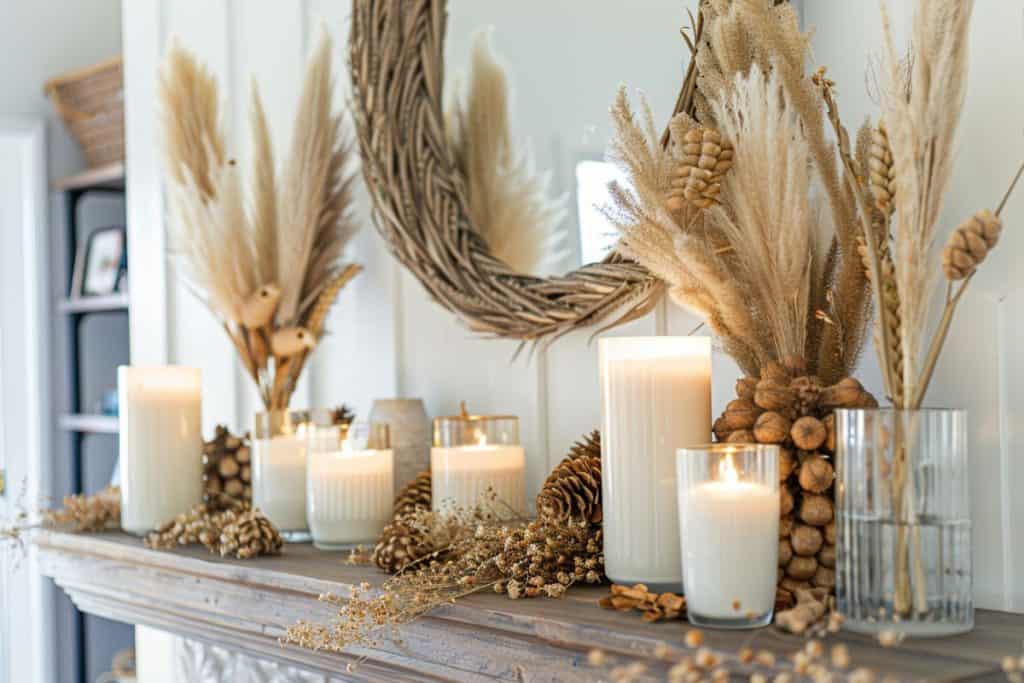 A wooden mantle decorated with white candles, dried foliage, and natural elements, creating a cozy and earthy fall decor.