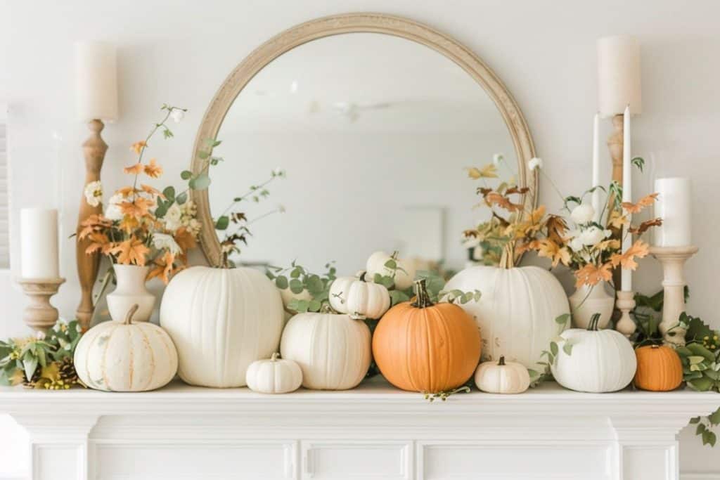 A mantel with a round mirror in the center, surrounded by white and orange pumpkins, green foliage, and tall white candles. The setup is minimalistic yet festive, ideal for autumn decor.