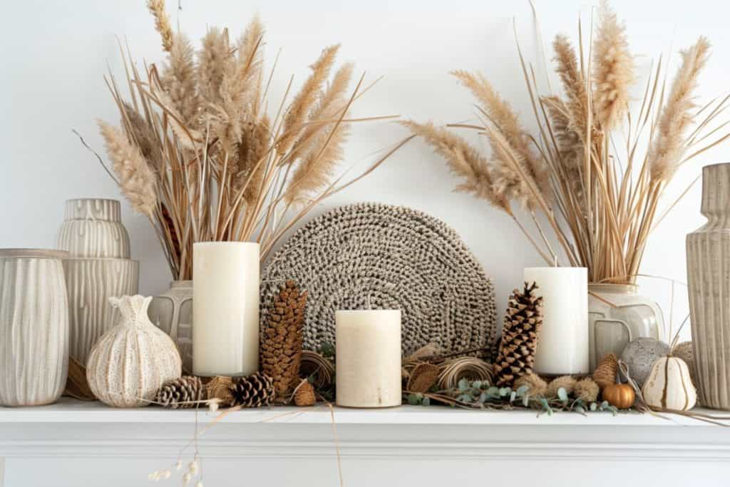 A mantle with large white candles, dried grasses, and pinecones, evoking a natural and serene fall ambiance