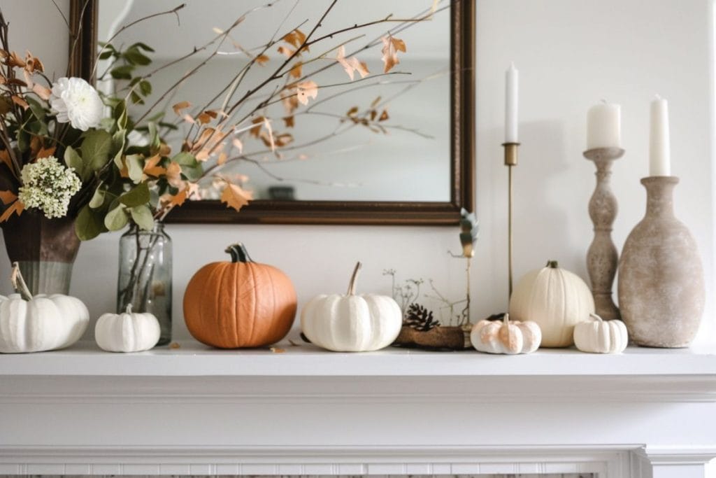 A fall-themed mantel featuring an orange pumpkin, white pumpkins, and a vase with dried branches and flowers. Two tall candles and rustic vases complete the cozy look.