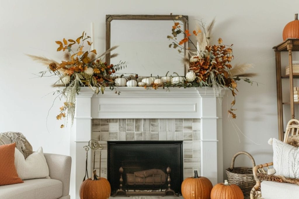A mantel decorated with a mix of white and orange pumpkins, dried foliage, and tall candles, all centered around a large rectangular mirror. The display includes a woven basket and other natural elements.