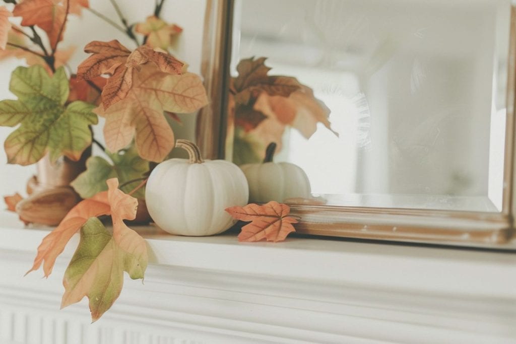 A mantel with an art print, white pumpkins, and a candle, accented by dried autumn leaves. The simple arrangement emphasizes the natural beauty of fall.
